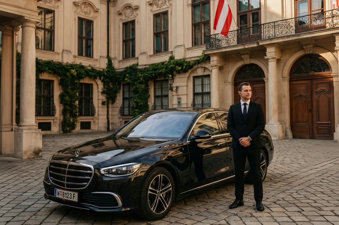 Chauffeur beside a black saloon outside a Vienna palace